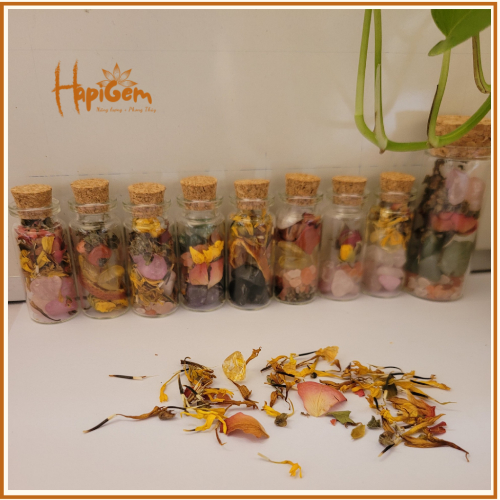 Hũ đá trợ lực tình duyên - thạch anh mix thảo mộc thiên nhiên- giúp tăng cường năng lượng yêu thương Hapi gems