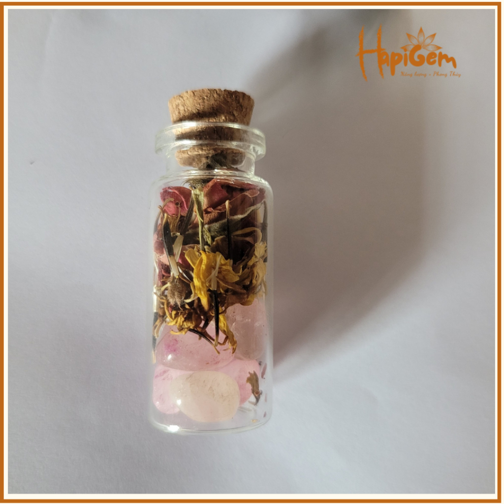 Hũ đá trợ lực tình duyên - thạch anh mix thảo mộc thiên nhiên- giúp tăng cường năng lượng yêu thương Hapi gems