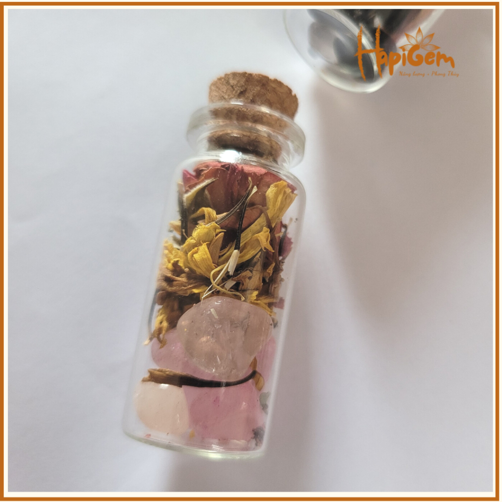 Hũ đá trợ lực tình duyên - thạch anh mix thảo mộc thiên nhiên- giúp tăng cường năng lượng yêu thương Hapi gems