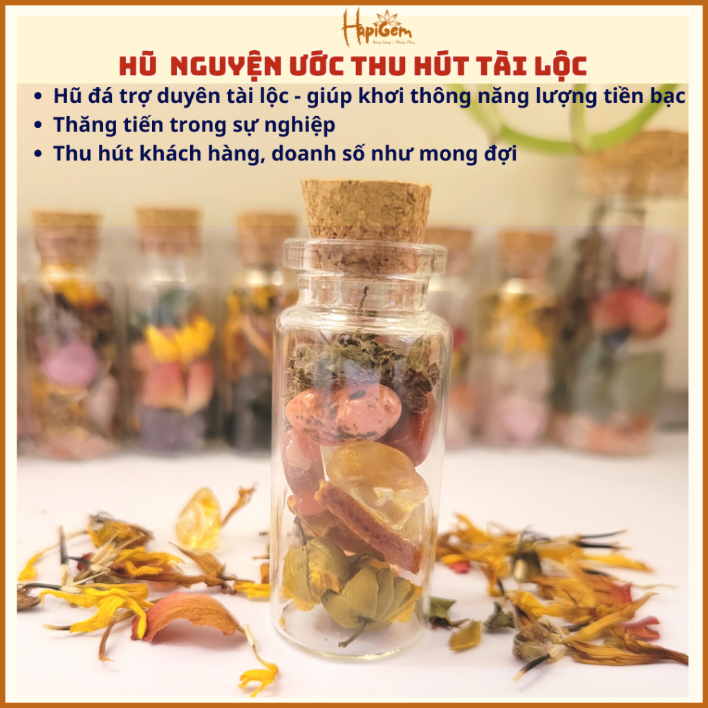 Hũ thu hút tài lộc - thạch anh mix thảo mộc thiên nhiên tăng cường  khai thông dòng tài lộc Hapigems