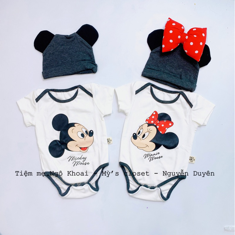 [MD72] MICKEY& MINNIE Áo liền thân/ bodysuit ngắn tay kèm mũ xinh cho bé trai và bé gái