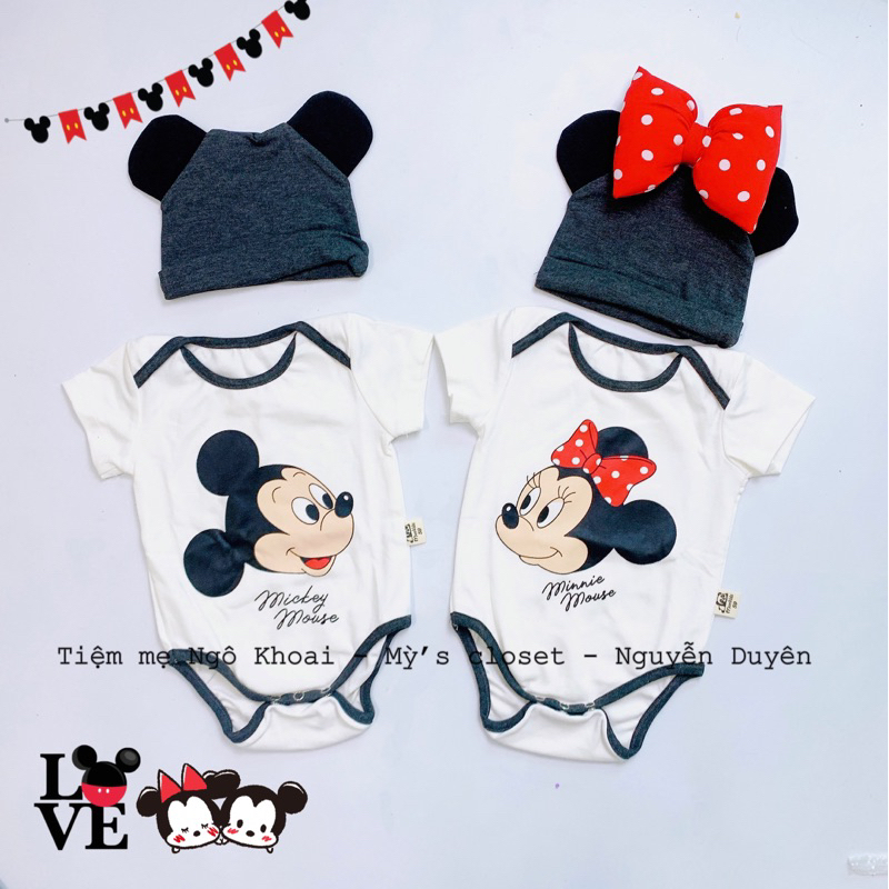 [MD72] MICKEY& MINNIE Áo liền thân/ bodysuit ngắn tay kèm mũ xinh cho bé trai và bé gái