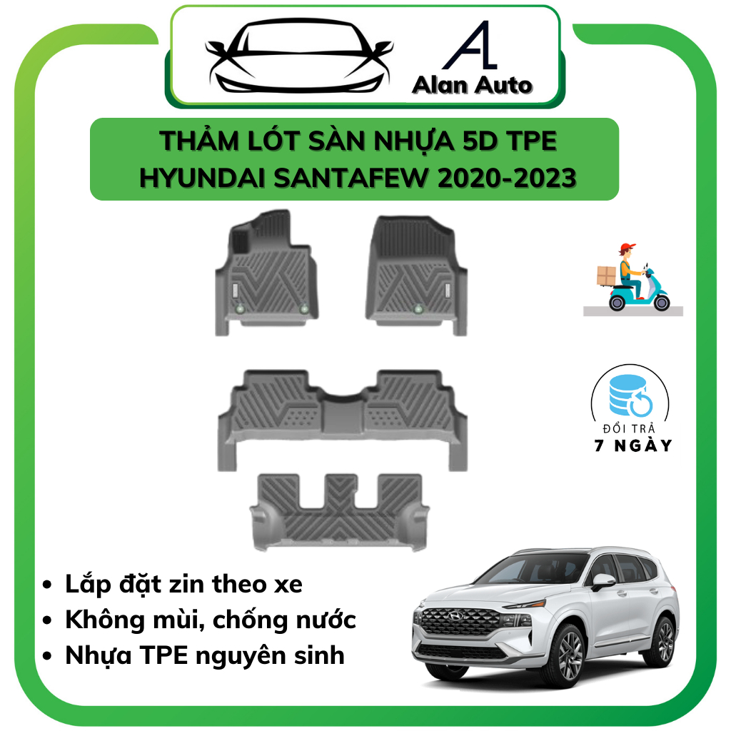 Thảm lót sàn ô tô Hyundai Santafe 2019-2024, Thảm nhựa TPE 5D đúc nguyên khối theo xe. Bộ 4 miếng