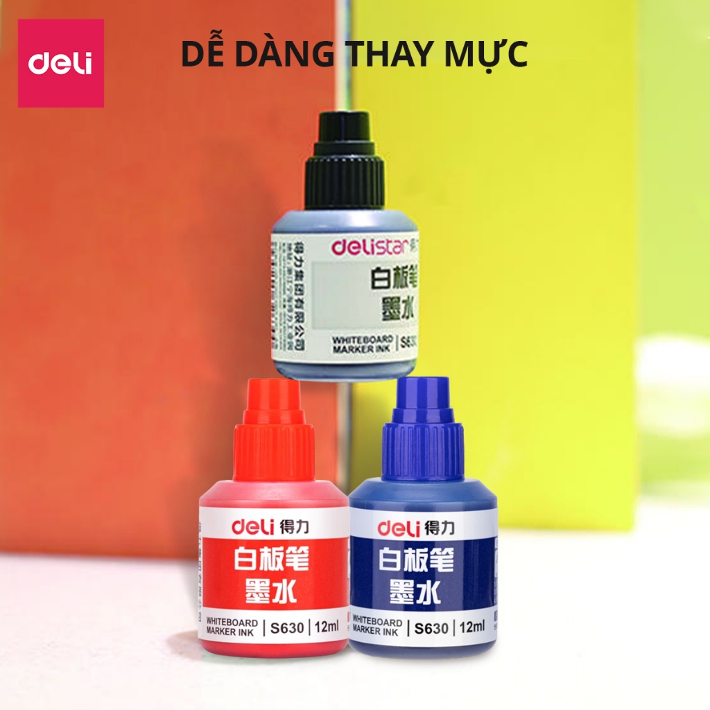 Mực Bút Lông Bảng Deli Chính Hãng - 3 Màu Mực - Dung Tích Lớn - Tiết Kiệm, Dễ Dàng Thay Thế - S630