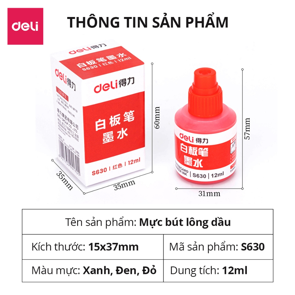 Mực Bút Lông Bảng Deli Chính Hãng - 3 Màu Mực - Dung Tích Lớn - Tiết Kiệm, Dễ Dàng Thay Thế - S630