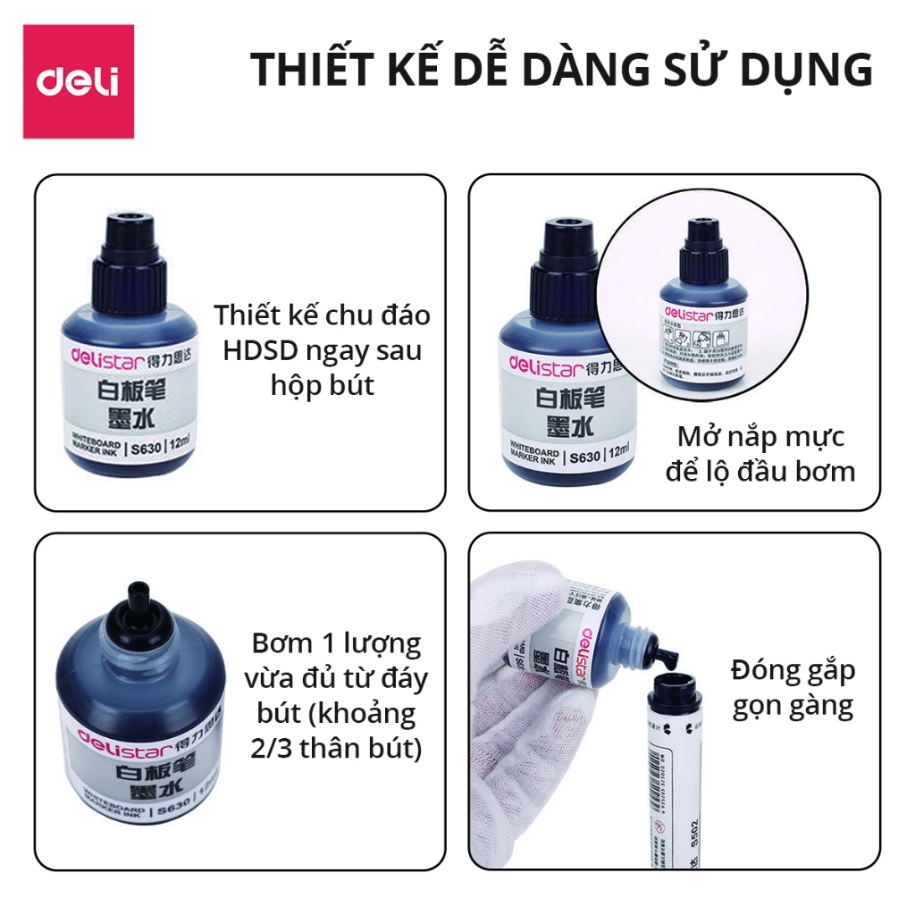 Mực Bút Lông Bảng Deli Chính Hãng - 3 Màu Mực - Dung Tích Lớn - Tiết Kiệm, Dễ Dàng Thay Thế - S630