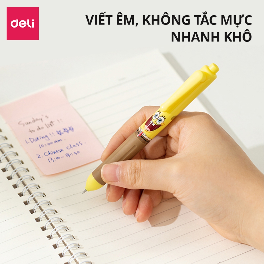 Bút Béo SpongeBob Chính Hãng Deli, Mực Gel Ngòi 0.5mm, Màu Xanh/Đen, Thiết Kế Cute Dễ Thương - EG92