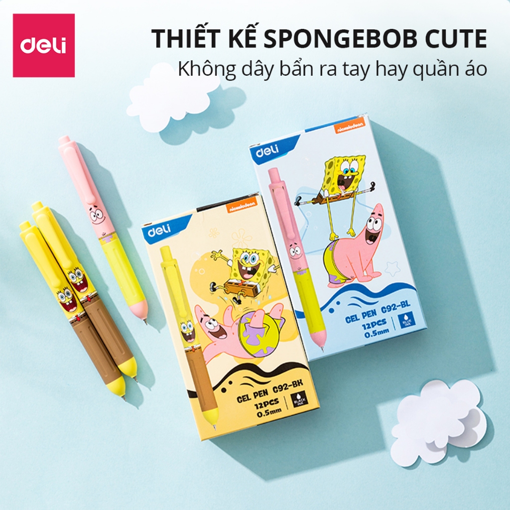 Bút Béo SpongeBob Chính Hãng Deli, Mực Gel Ngòi 0.5mm, Màu Xanh/Đen, Thiết Kế Cute Dễ Thương - EG92