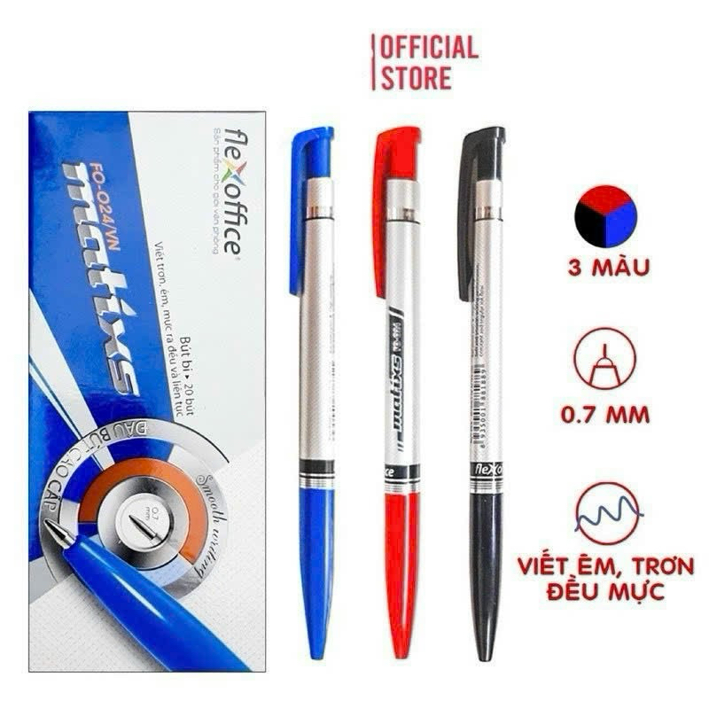 Hộp 20 bút Thiên Long 024 đủ 3 màu xanh đenđdỏ ngòi 0,7mm