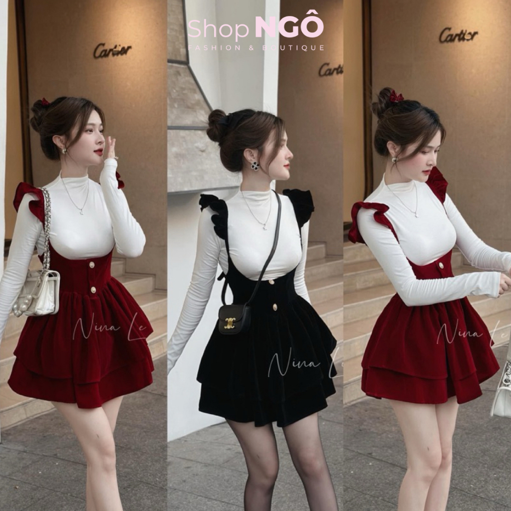 Set váy nữ đi chơi TẾT,noel,Set yếm váy nhung cánh tiên dáng xoè tầng ...