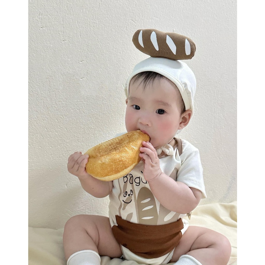 (HÀNG CÓ SẴN) Set bộ body dài tay, ngắn tay cover Bánh Mỳ kèm mũ TẶNG TẤT TRẮNG cho em bé  từ 5-13kg