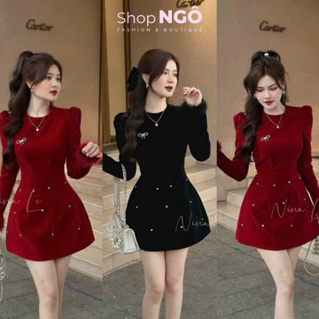 Set đầm nhung - Đầm váy nữ chất nhung tay dài PHỐI TAY LÔNG váy xoè cổ tròn TAG NƠ đá sang trọng 2 màu diện TẾT,đi chơi