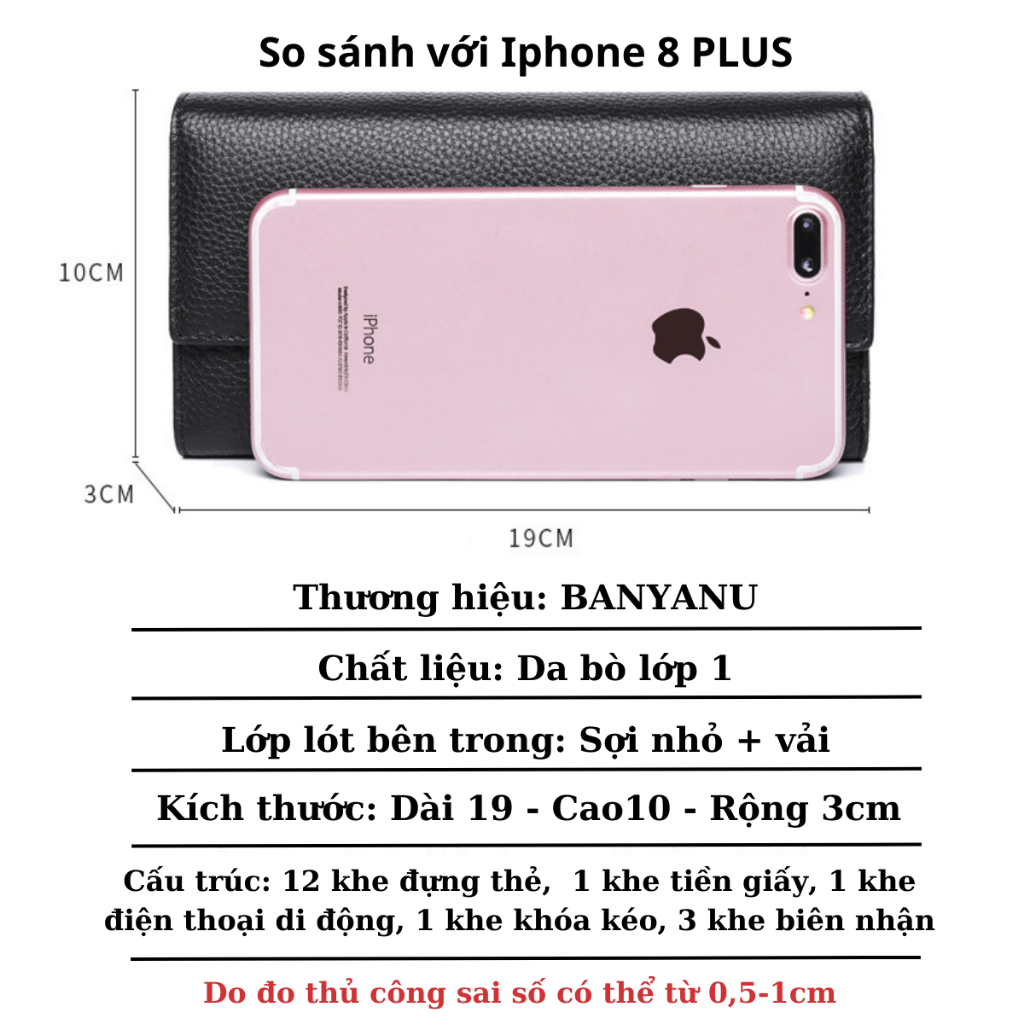 Ví dài nữ cầm tay da bò nắp gập, bóp nữ cao cấp BCV-VN01 chính hãng BANYANU có hộp làm quà tặng phong cách sang trọng