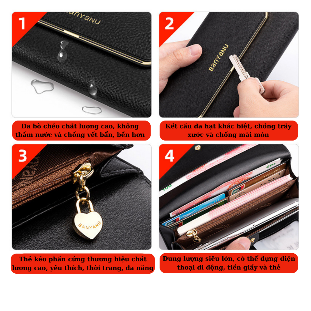Ví Nữ Dài Ví Nữ Cầm Tay Da Bò Bóp Tiền Cao Cấp BCV-VN03 Chính Hãng BANYANU Thời Trang Phong Cách Sang Trọng Đủ Màu