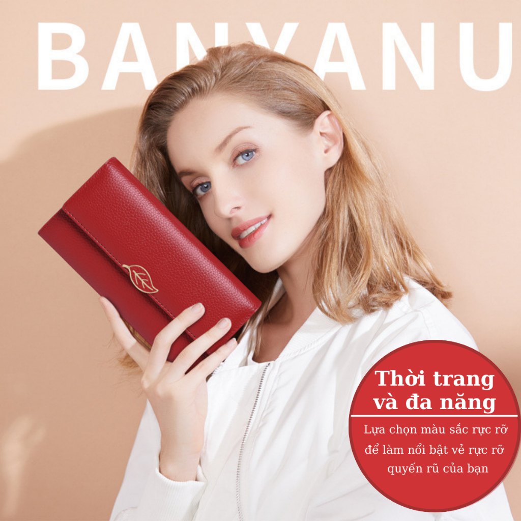 Ví dài nữ cầm tay da bò nắp gập, bóp nữ cao cấp BCV-VN01 chính hãng BANYANU có hộp làm quà tặng phong cách sang trọng