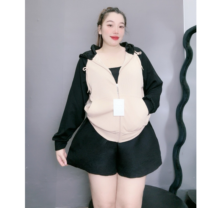 Áo Khoác Bigsize Nữ Có Mũ Tay Dài Phom Bomber,Áo Chống Nắng Big Size Phối Màu Vải Xốp Họa Tiết Tam Giác KHOAC3