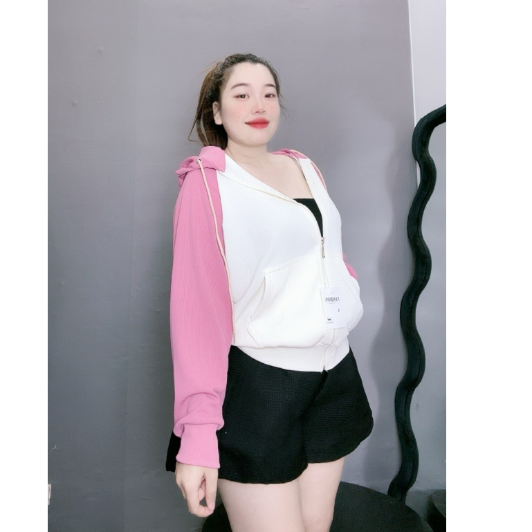Áo Khoác Bigsize Nữ Có Mũ Tay Dài Phom Bomber,Áo Chống Nắng Big Size Phối Màu Vải Xốp Họa Tiết Tam Giác KHOAC3