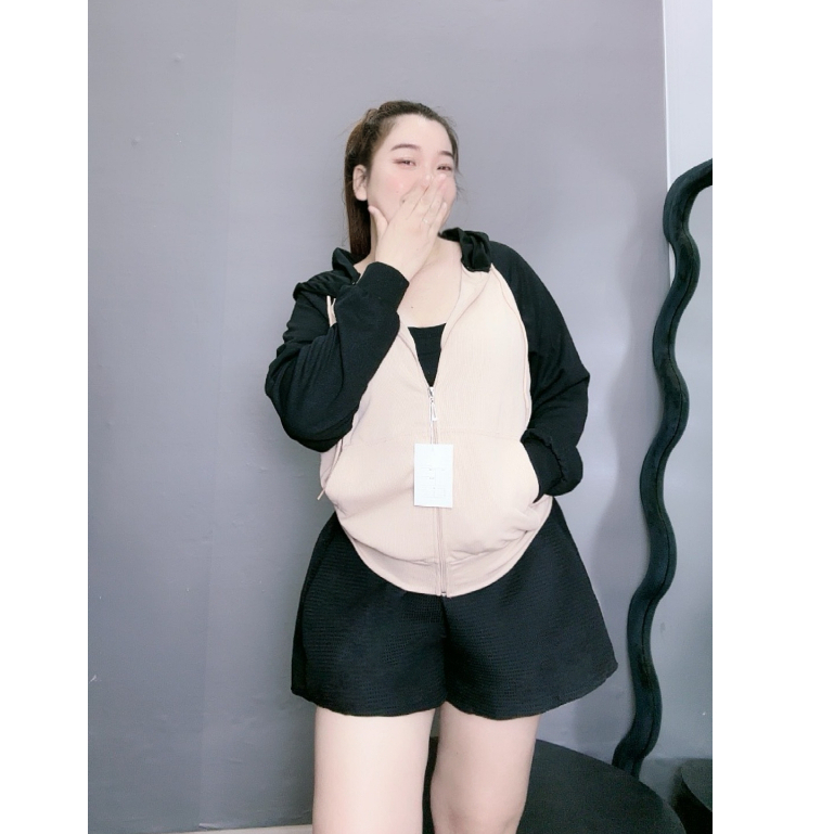 Áo Khoác Bigsize Nữ Có Mũ Tay Dài Phom Bomber,Áo Chống Nắng Big Size Phối Màu Vải Xốp Họa Tiết Tam Giác KHOAC3