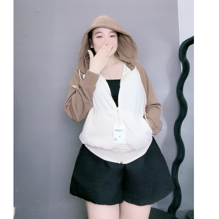 Áo Khoác Bigsize Nữ Có Mũ Tay Dài Phom Bomber,Áo Chống Nắng Big Size Phối Màu Vải Xốp Họa Tiết Tam Giác KHOAC3