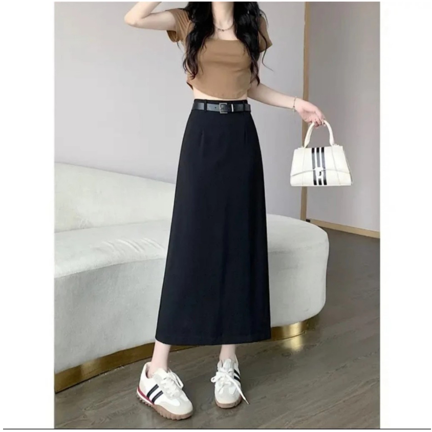 Chân váy chữ A suông dài 80cm phối đai da (tặng kèm)_chất liệu vitex_chân váy công sở_CV91