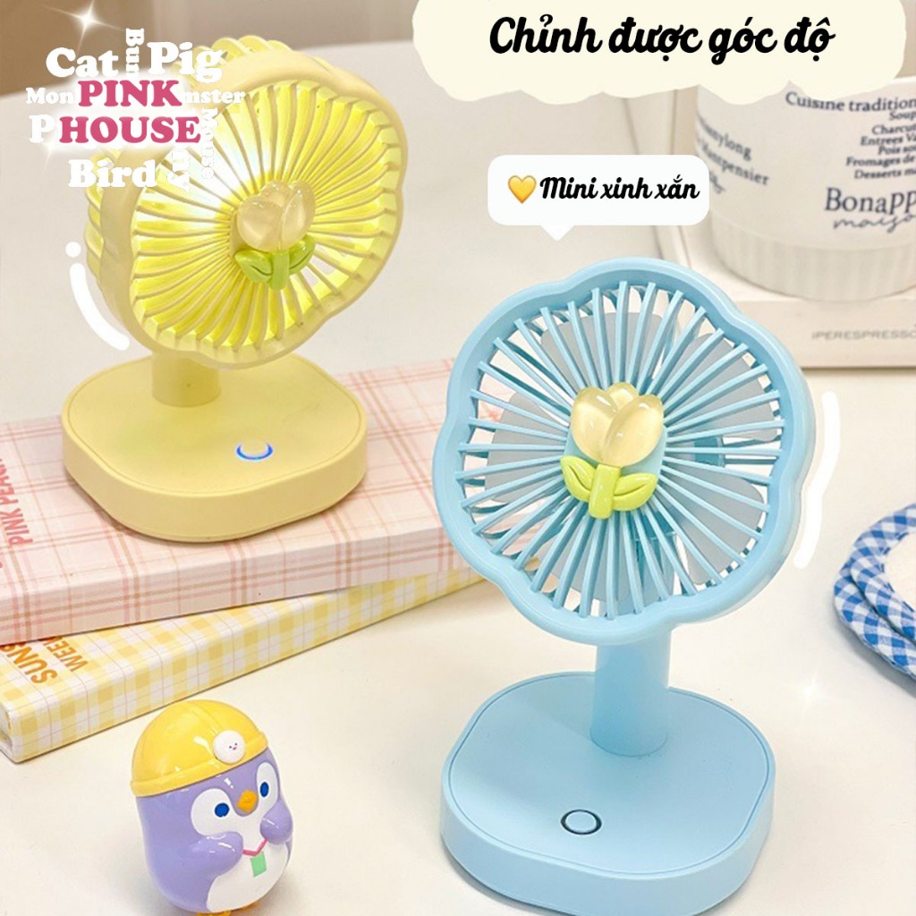 Quạt tích điện mini 3 tốc độ gió sticker hoa tulip dễ thương để bàn nhỏ ...