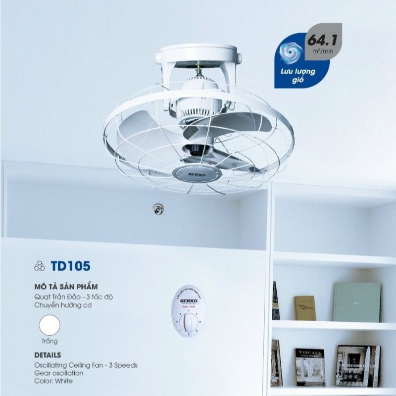 Quạt Đảo Trần Senko TD105 Quạt Trần Đảo Xoay 360 độ kèm hộp số Chính ...