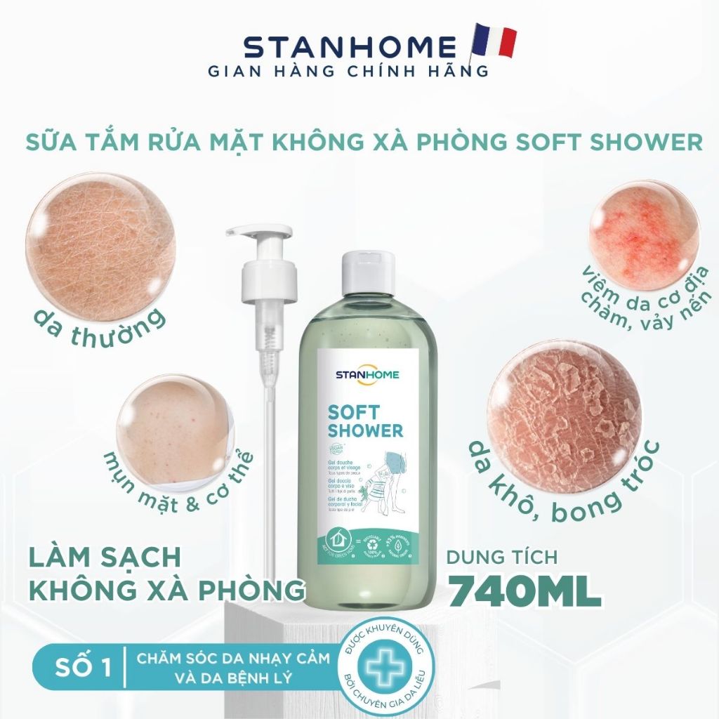 Ảnh Sữa tắm, rửa mặt không xà phòng cho da nhạy cảm giảm ngứa,dịu kích ứng  Stanhome  Soft Shower 740ml/chai 1