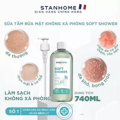 Sữa tắm, rửa mặt cấp ẩm cho viêm da cơ đia, chàm, vẩy nến, da mụn nước không xà phòng Stanhome Soft Shower 740ml