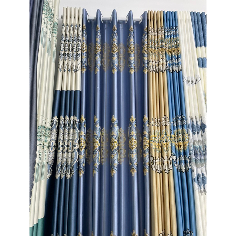 1 TẤM Gấm 3D Màu Xám Xanh Dài Phối Vàng- Vén Sang 2 Bên Chọn Số Lượng 2, Lấy Ngang Gấp 2 -> 2.5 Lần Chiều Ngang Cửa | BigBuy360 - bigbuy360.vn
