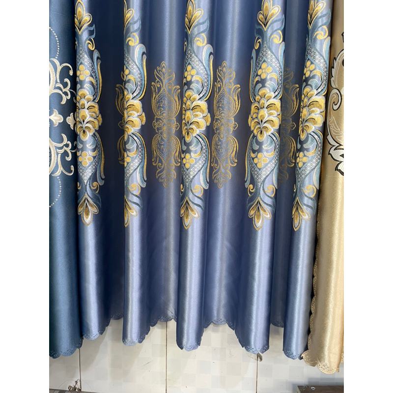 1 TẤM Gấm 3D Màu Xám Xanh Dài Phối Vàng- Vén Sang 2 Bên Chọn Số Lượng 2, Lấy Ngang Gấp 2 -> 2.5 Lần Chiều Ngang Cửa | BigBuy360 - bigbuy360.vn