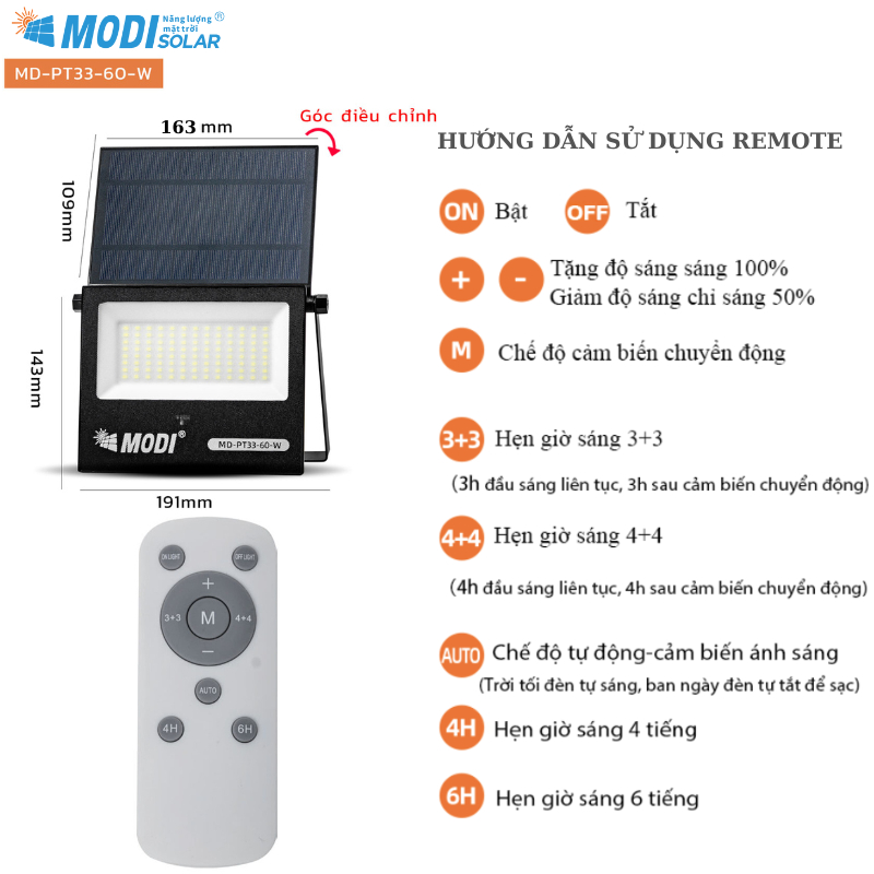 Ảnh Đèn Pha LED Cảm Biến Chuyển Động Năng Lượng Mặt Trời MODI SOLAR 60W Siêu Sáng, Ngoài Trời 3