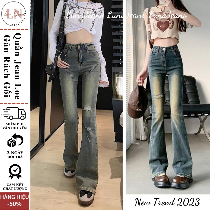 Quần jeans nữ ống loe màu Xanh Rêu rách gối co giãn, quần bò jean nữ ...