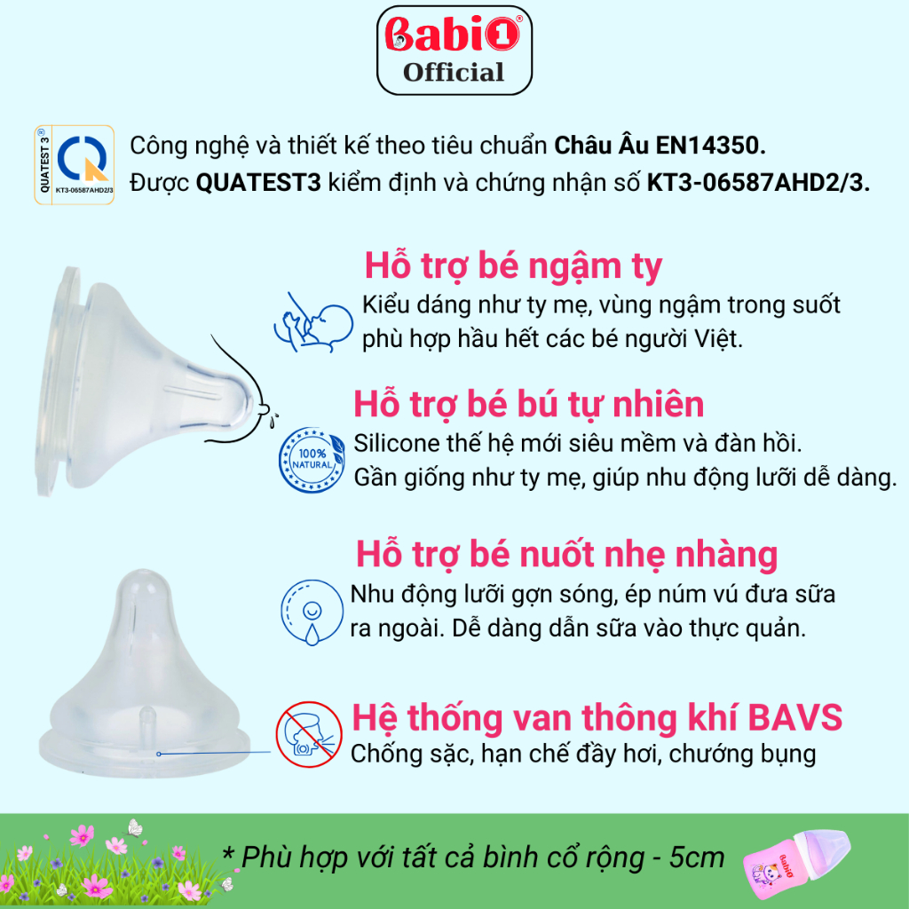 Hộp 2 Núm Ti Babi 1 Silicone Y Khoa Thế Hệ 4 Chống Sặc Size L (Cho Bình Cổ Rộng 5cm)