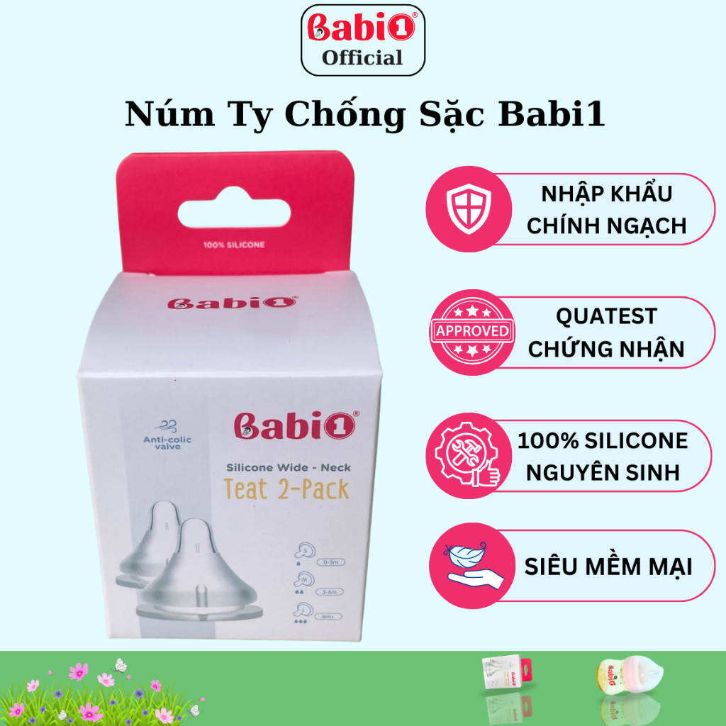 Hộp 2 Núm Ti Babi1 Silicone Y Khoa Gen 4 Chống Sặc Size M (Cho Bình Cổ Rộng 5cm)