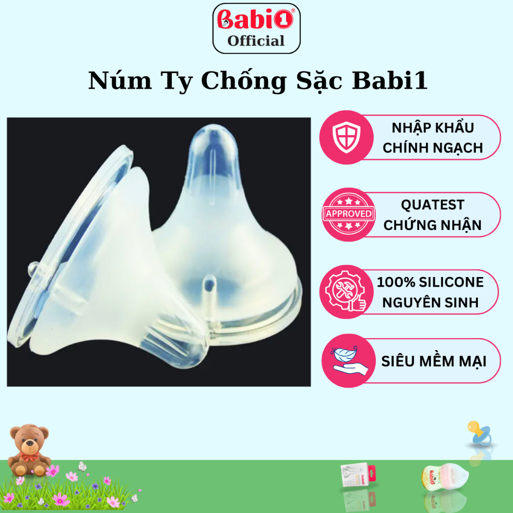 Hộp 2 Núm Ti Babi1 Silicone Y Khoa Gen 4 Chống Sặc Size M (Cho Bình Cổ Rộng 5cm)