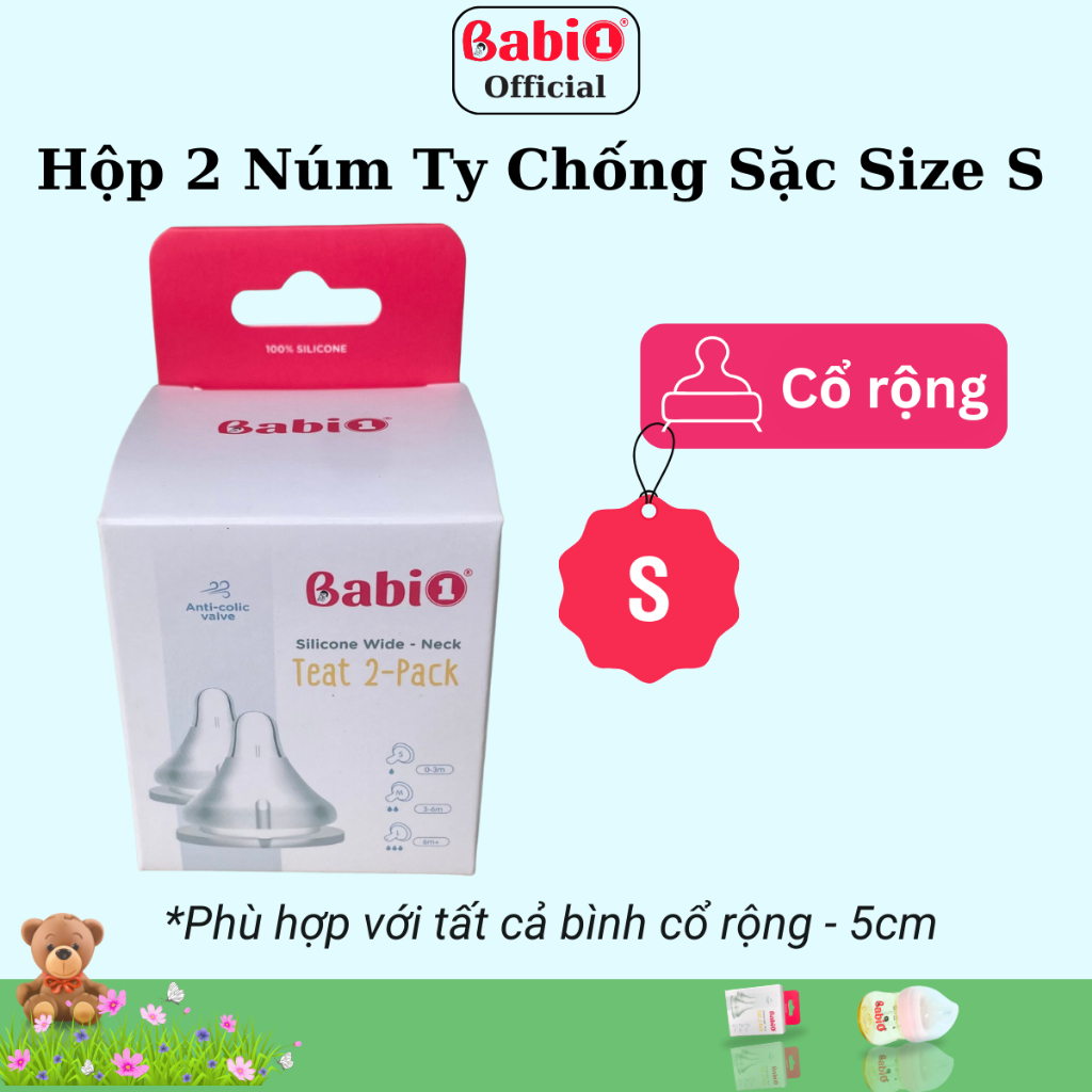 Hộp 2 Núm Ti Silicone Babi 1 Chống Sặc Size S (Cho Bình Cổ Rộng 5cm)