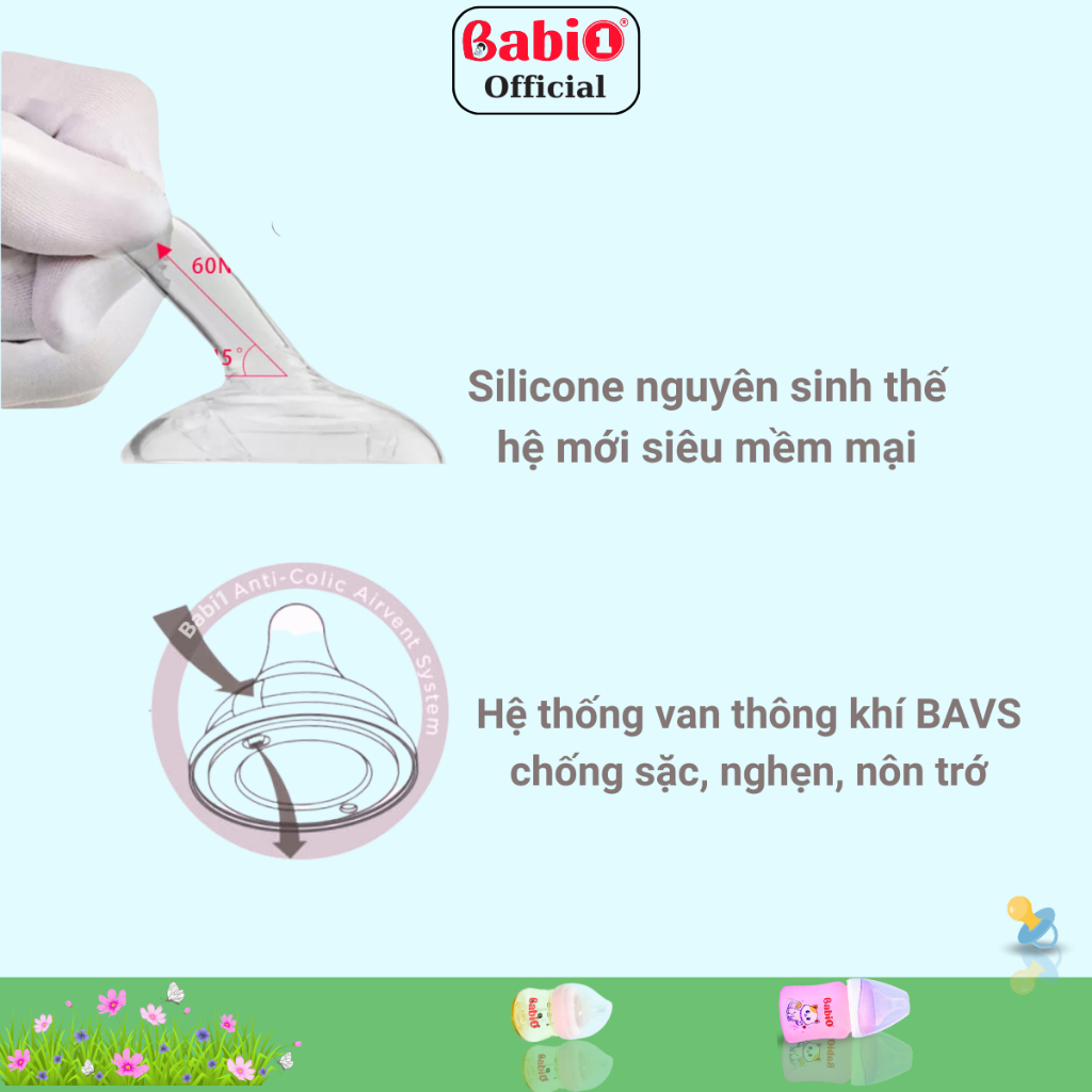 Hộp 2 Núm Ti Babi1 Silicone Y Khoa Gen 4 Chống Sặc Size M (Cho Bình Cổ Rộng 5cm)