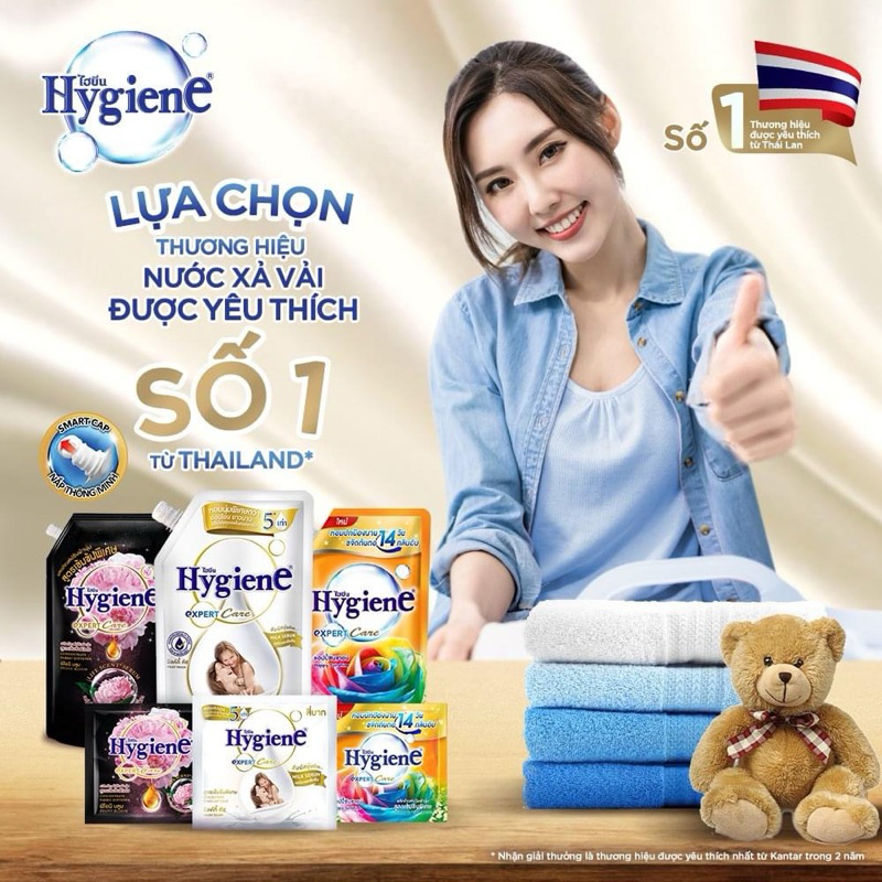 Nước giặt Hygiene Thái Lan lưu hương lâu kết hợp xả vải an toàn cho da túi 1800ml