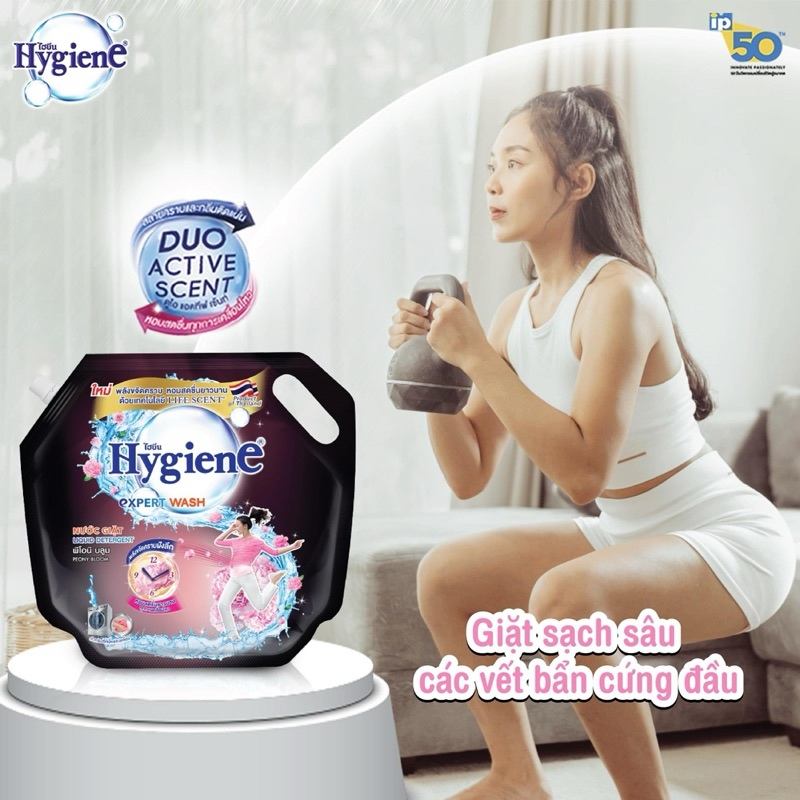 Nước giặt Hygiene Thái Lan lưu hương lâu kết hợp xả vải an toàn cho da túi 1800ml