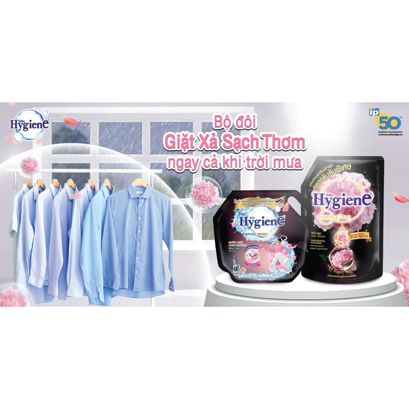 Nước giặt Hygiene Thái Lan lưu hương lâu kết hợp xả vải an toàn cho da túi 1800ml