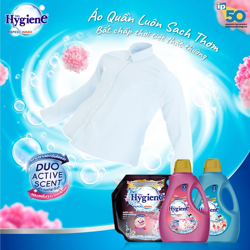 Nước giặt Hygiene Thái Lan lưu hương lâu kết hợp xả vải an toàn cho da túi 1800ml