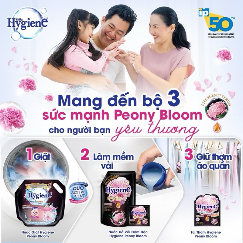 Nước giặt Hygiene Thái Lan lưu hương lâu kết hợp xả vải an toàn cho da túi 1800ml
