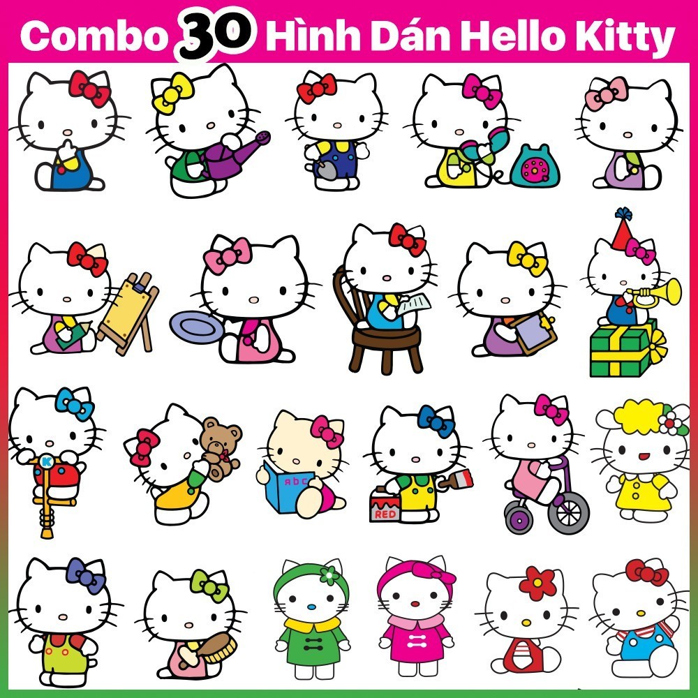 Combo 30 stiker hình vẽ hello kitty vui nhộn trang trí xe máy, ô tô ,xe ...