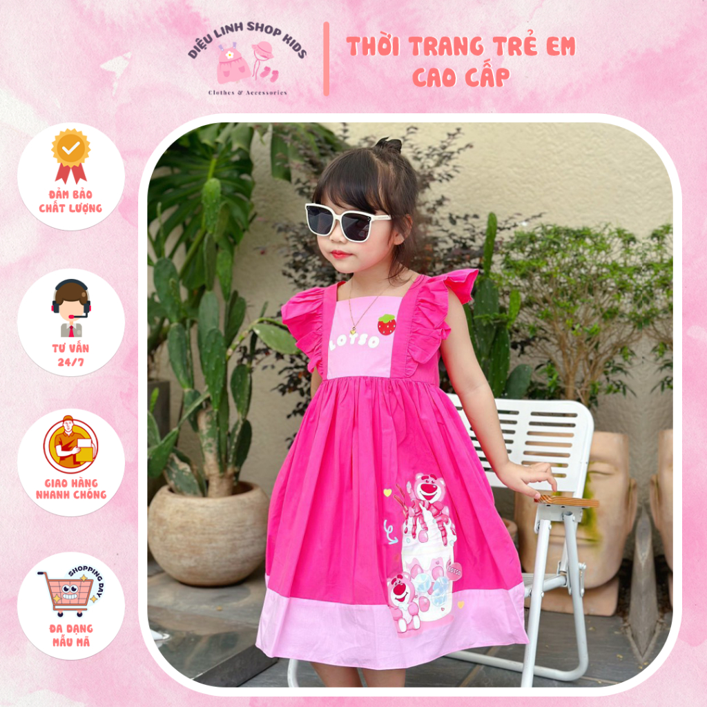 Váy Tiểu Thư Cho Bé Diệu Linh Shop Kids - Đầm Cho Bé Thiết Kế Bung Xòe Đáng Yêu Cùng Hình Gấu Hồng In Chân Váy