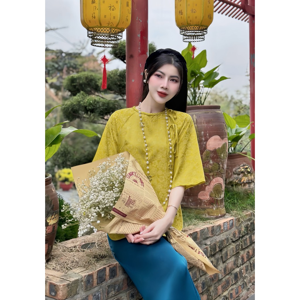 Pháp phục đi chùa cổ tết đính cúc bọc lụa gấm vân hoa Đồ bộ đi chùa nữ tay lỡ Bộ lam đi lễ cách tân Thanh lịch