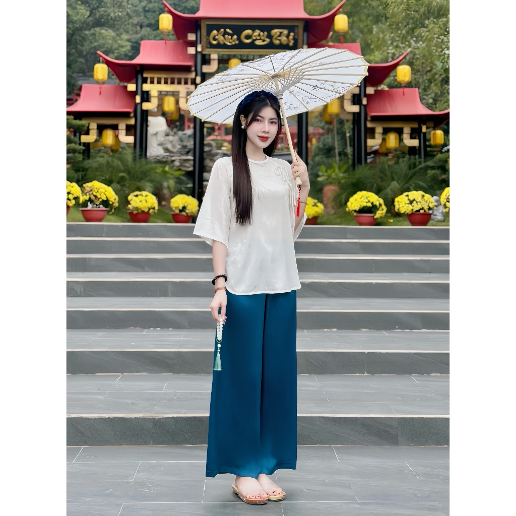 Pháp phục đi chùa cổ tết đính cúc bọc lụa gấm vân hoa Đồ bộ đi chùa nữ tay lỡ Bộ lam đi lễ cách tân Thanh lịch