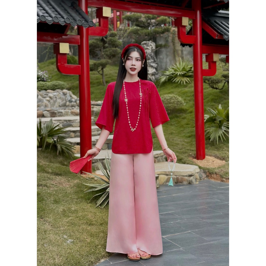 Pháp phục đi chùa cổ tết đính cúc bọc lụa gấm vân hoa Đồ bộ đi chùa nữ tay lỡ Bộ lam đi lễ cách tân Thanh lịch
