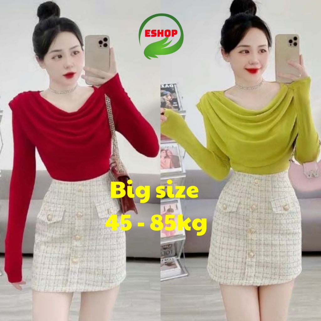 Áo Thun Nhũ Tay Dài Bigsize ESHOP Ôm Body - Áo Kiểu Cổ Tròn Đổ Thiết Kế Xếp Ly Dễ Thương MS107