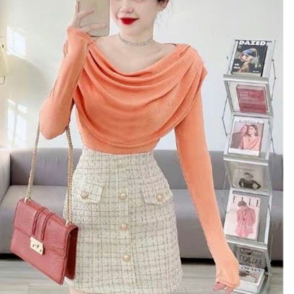 Áo Thun Nhũ Tay Dài Bigsize ESHOP Ôm Body - Áo Kiểu Cổ Tròn Đổ Thiết Kế Xếp Ly Dễ Thương MS107