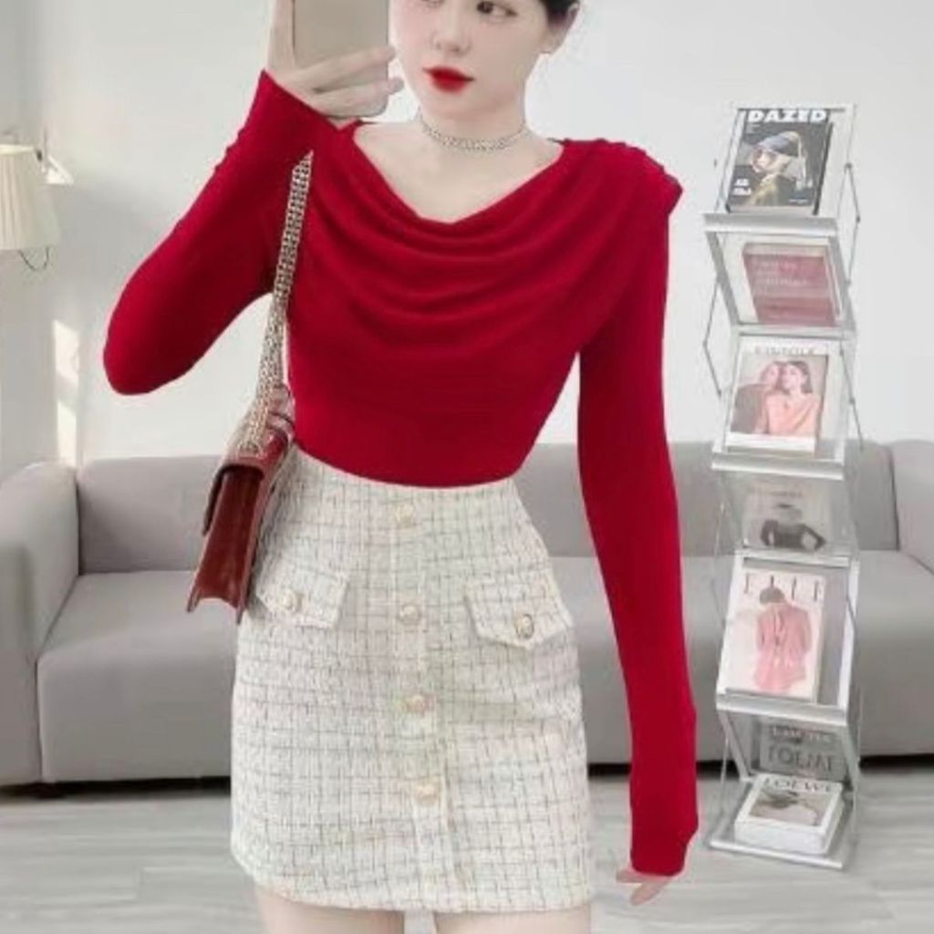 Áo Thun Nhũ Tay Dài Bigsize ESHOP Ôm Body - Áo Kiểu Cổ Tròn Đổ Thiết Kế Xếp Ly Dễ Thương MS107